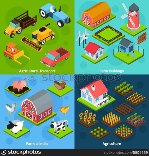 Farm 4 isometric square icons coposition. Farm buildings and agriculture transport machinery facilities 4 isometric square icons composition set abstract isolated vector illustration