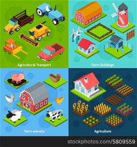 Farm 4 isometric square icons coposition. Farm buildings and agriculture transport machinery facilities 4 isometric square icons composition set abstract isolated vector illustration