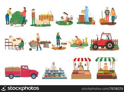 Farm activities vector, beekeeper and people cutting bushes, harvesting man and woman, milkmaid with cow, lady feeding chickens, tractor and sellers. Farmers market. Man and woman farming. Farming Person People Cutting Bushes on Farm Set