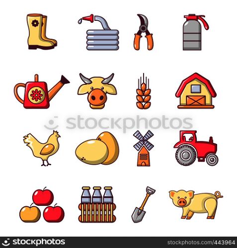Farm agricultural icons set. Cartoon illustration of 16 farm agricultural vector icons for web. Farm agricultural icons set, cartoon style