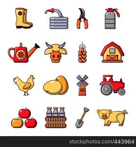 Farm agricultural icons set. Cartoon illustration of 16 farm agricultural vector icons for web. Farm agricultural icons set, cartoon style