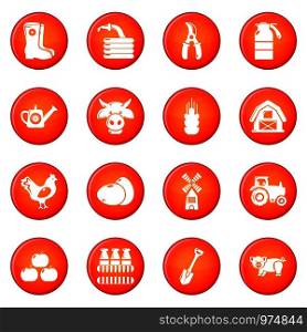 Farm agricultural icons set vector red circle isolated on white background . Farm agricultural icons set red vector