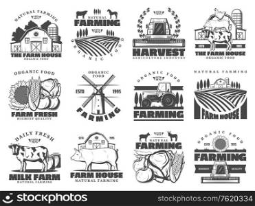 Farm agriculture and cattle industry, farming food production. Vector icons of cattle farm cow and pig animals, poultry chicken, organic vegetables and fruits harvest, farmhouse meat products. Farm dairy and cattle products, farming icons