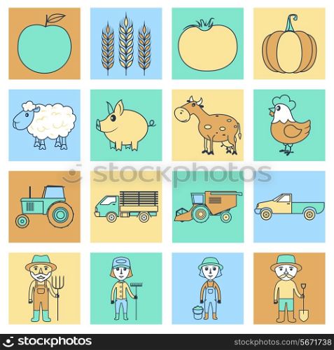 Farm agriculture farmer flat line business icons set isolated vector illustration