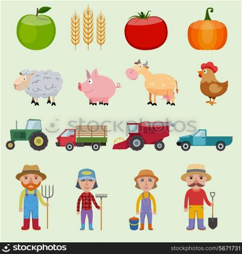 Farm agriculture icons set with food farmer animals and machines isolated vector illustration