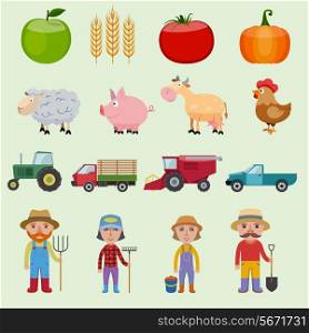 Farm agriculture icons set with food farmer animals and machines isolated vector illustration
