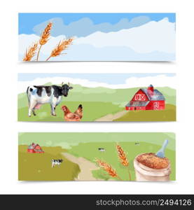 Farm and fields watercolor horizontal banners set with cows wheat and house isolated vector illustration . Farm Banners Set