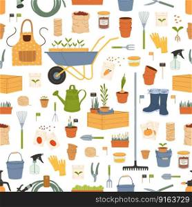 Farm and gardening tools seamless pattern. Agriculture vector background with garden plants and farming equipment. Cartoon flowers, rake and wheelbarrow, boots, gloves, watering can and hose backdrop. Farm and gardening tools seamless pattern