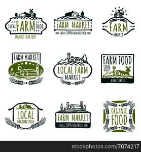Farm and organic food vector labels. Vintage farmer badges. Food natural market product, fresh farm organic food illustration. Farm and organic food vector labels. Vintage farmer badges