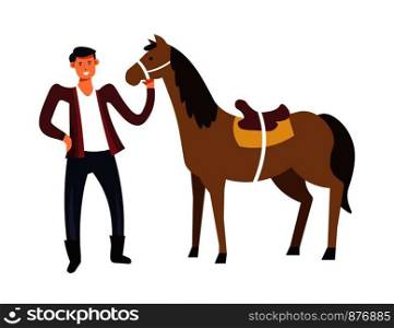 Farm and person caring for horse farming male smiling isolated vector. Man with stallion, touching it, checking mood and health of domestic animal. Human and livestock, breeding at farmlands. Farm and person caring for horse farming isolated vector