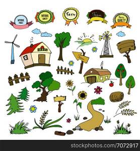 Farm and rural elements collection,carton or doodle style,vector illustration. Farm and rural elements collection,carton or doodle style