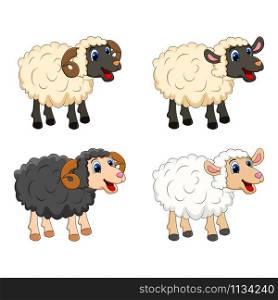 Farm animal group. white Sheep, lamb, black ram design isolated on white background. Cute cartoon animals collection Vector illustration