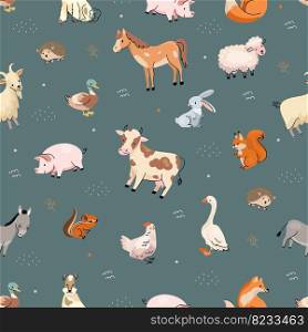 Farm animal seamless pattern. Trendy pets, farmed animals fashion print. Pigs, cow and goat, cute duck, rabbit sheep. Nowaday vector textile template of pattern farm animal illustration. Farm animal seamless pattern. Trendy pets, farmed animals fashion print. Pigs, cow and goat, cute duck, rabbit sheep. Nowaday vector textile template
