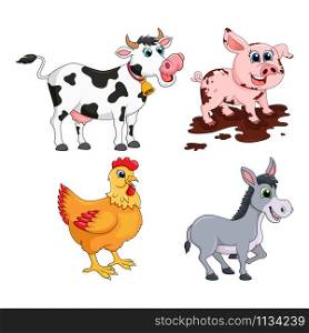 Farm animal set. Cow, pig, donkey, hen design isolated on white background. Cute cartoon animals collection Vector illustration