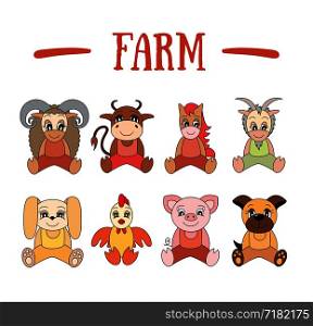Farm animal set. Sheep, caw, horse, goat, rabbit, chicken, pig, dog, pet. Cartoon illustrations for kids