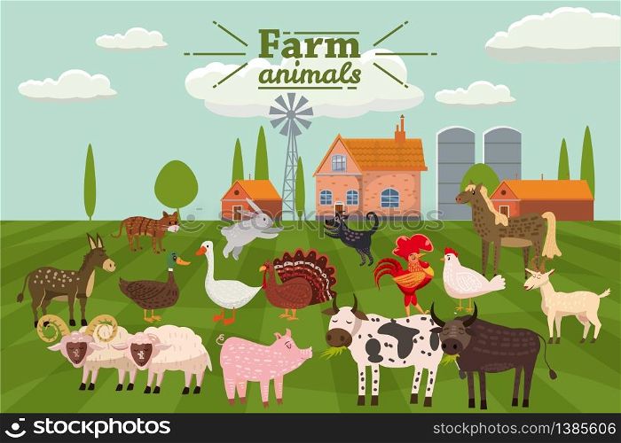 Farm animals and birds set in trendy cute style, including horse, cow, donkey, sheep, goat, pig, rabbit, duck, goose, turkey roosterram dog cat bull and chicken. Farm animals and birds set in trendy cute style, including horse, cow, donkey, sheep, goat, pig, rabbit, duck, goose, turkey, rooster,ram, dog, cat, bull and chicken, isolated on rural landscape, farm. Vector, illustration, cartoon style