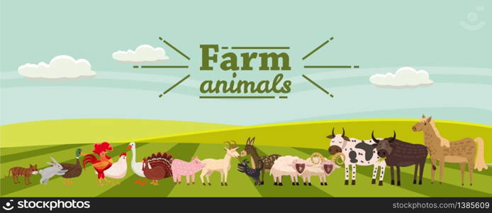 Farm animals and birds set in trendy cute style, including horse, cow, donkey, sheep, goat, pig, rabbit, duck, goose, turkey roosterram dog cat bull and chicken. Farm animals and birds set in trendy cute style, including horse, cow, donkey, sheep, goat, pig, rabbit, duck, goose, turkey, rooster,ram, dog, cat, bull and chicken, isolated on rural landscape, farm. Vector, illustration, cartoon style