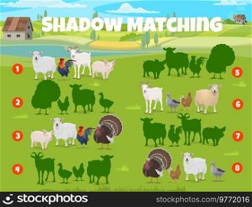 Farm animals and cattle. Shadow matching game worksheet. Animal silhouette find kids quiz, shadow match child riddle or game vector worksheet with goat and sheep, pork, rooster, turkey and hen, goose. Shadow match game with farm animals and cattle