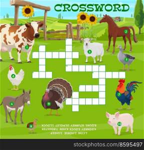 Farm animals and farm, crossword puzzle game grid, vector quiz worksheet. Guess word riddle game or crossword with farm cattle cow, horse and donkey, pig with sheep and quail or duck. Farm animals and farm, crossword puzzle game grid