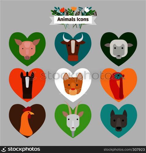 Farm animals and pets avatars icons with ribbon and text. Farm animals and pets avatars