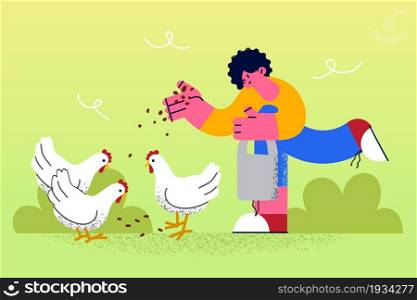 Farm animals and village life concept. Smiling girl or boy standing and feeding chicken with seeds from hand outdoors on yard vector illustration . Farm animals and village life concept