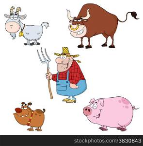 Farm Animals Cartoon Characters With Farmer