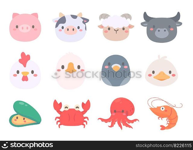 Farm animals cartoon faces for food. Meat for cooking