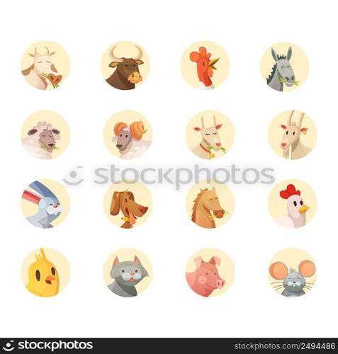 Farm animals cartoon heads round icons collection with horse pig cow bull and rooster isolated vector illustration . Farm Animals Heads Round Icons Collection