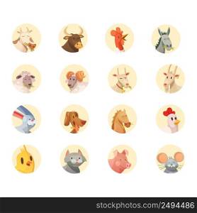Farm animals cartoon heads round icons collection with horse pig cow bull and rooster isolated vector illustration . Farm Animals Heads Round Icons Collection