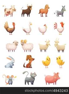 Farm Animals Cartoon Set. Farm animals cartoon icons set of hen gobbler cow horse ram cat bunny isolated vector illustration