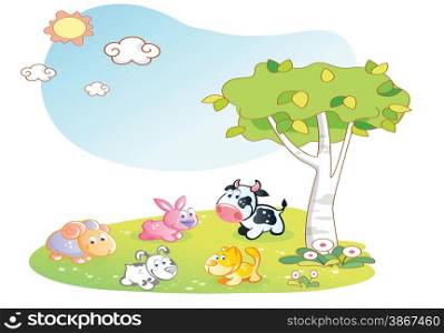 farm animals cartoon with garden background
