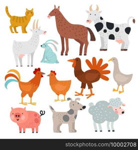 Farm animals. Cow, horse and rabbit, dog and turkey, sheep and pig, cock and chicken, goat and cat, goose vector cartoon isolated set. Illustration cow and pig, rabbit and goat, horse and turkey. Farm animals. Cow, horse and rabbit, dog and turkey, sheep and pig, cock and chicken, goat and cat, goose vector cartoon isolated set