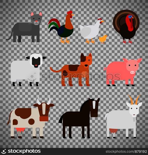Farm animals cute colorful icons isolated on transparent background. Vector illustration. Farm animals on transparent background