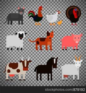 Farm animals cute colorful icons isolated on transparent background. Vector illustration. Farm animals on transparent background