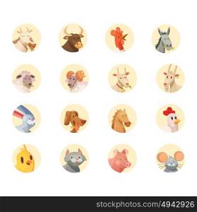 Farm Animals Heads Round Icons Collection . Farm animals cartoon heads round icons collection with horse pig cow bull and rooster isolated vector illustration