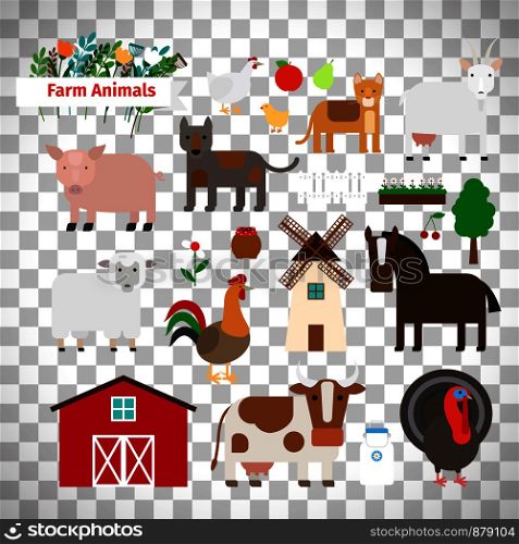Farm animals in flat style isolated on transparent background, vector illustration. Farm animals on transparent background