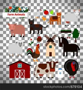 Farm animals in flat style isolated on transparent background, vector illustration. Farm animals on transparent background