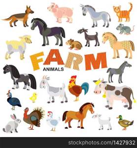 Farm animals in front view and side view large vector cartoon set in flat style isolated on white background. Vector illustration of animals for children. Great for children&rsquo;s designs, printed products and souvenirs.