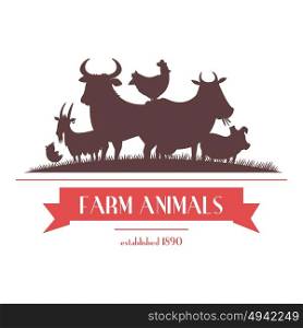 Farm Animals Label Or Signboard Design . Farm shop signboard or label two-color design with livestock animals and chickens silhouettes abstract vector illustration