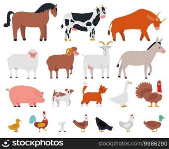 Farm animals. Livestock and cute pets, horse, cow, bull, goat, dog, goose and pig. Village domestic animals cartoon vector illustration set. Cow and rabbit, dog and chicken, livestock rooster. Farm animals. Livestock and cute pets, horse, cow, bull, goat, dog, goose and pig. Village domestic animals cartoon vector illustration set