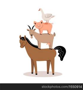 Farm animals on a white background. Collection of cartoon cute baby animals and birds. goat, horse, pig, goose. Flat vector illustration isolated.