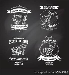 Farm animals premium organic meat chalkboard label set isolated vector illustration