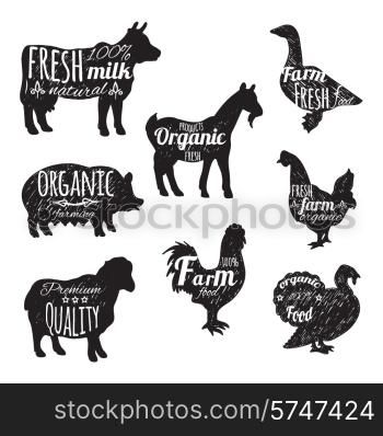 Farm animals set chalkboard decorative icons with cow sheep goose isolated vector illustration