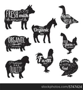 Farm animals set chalkboard decorative icons with cow sheep goose isolated vector illustration