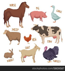 Farm animals set with horse pig sheep goat turkey isolated vector illustration. Farm Animals Set