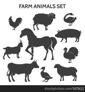 Farm animals silhouettes. Farm animals silhouettes. Farmyard livestock animal set like horse and cow, goose and turkey, pig and goat isolated on white background, vector icons