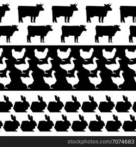 Farm animals silhouettes seamless borders. Black and white silhouette farm animal. Vector illustration. Farm animals silhouettes seamless borders