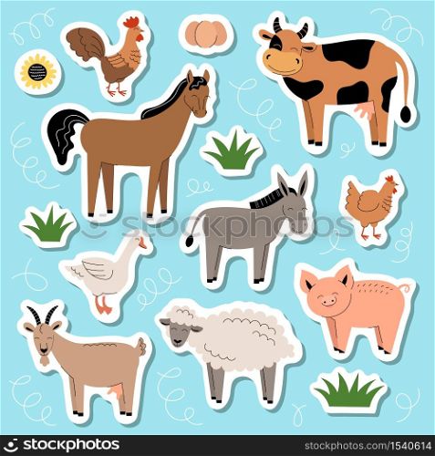 Farm animals stickers. Collection of cartoon cute baby animals and birds. Cow, sheep, goat, horse, donkey, pig, chicken, rooster, goose. Flat vector illustration on blue background