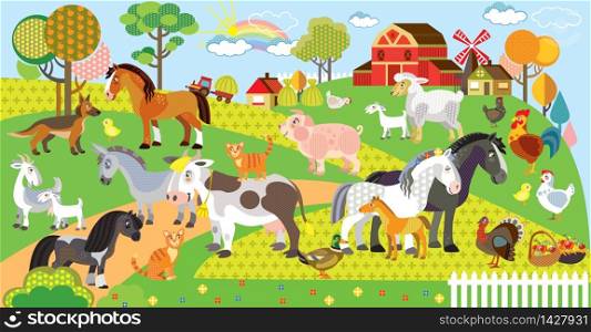 Farm animals vector cartoon illustration in flat style. Vector horizontal set of funny cute animals on farm. Great for printed products and souvenirs. Stock illustration