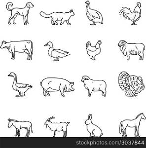 Farm animals vector thin line icons set. Outline cow, pig, chicken, horse, rabbit, goat, donkey, sheep, geese symbols. Farm animals vector thin line icons set. Outline cow, pig, chicken, horse, rabbit, goat, donkey, sheep, geese symbols. Set of farm animal illustration pictogram animal in line style